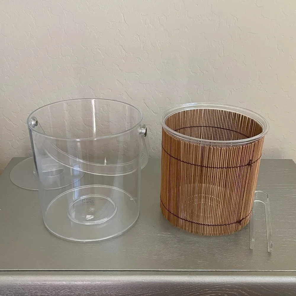 Clear Lucite Bamboo Tiki Ice Bucket With Handle Includes Matching Tongs